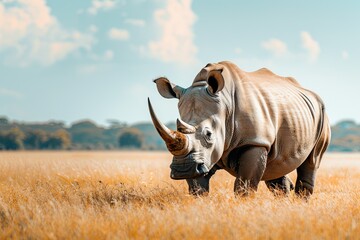 Rhinoceros in Grassland under Cloudy Sky