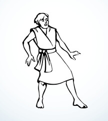 Vector drawing. Fearfull man in ancient dress