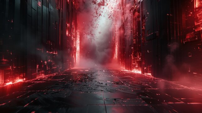 Dark with a few hints of red and mysterious but pleasing abstract visuals for hard techno music. Generative AI.