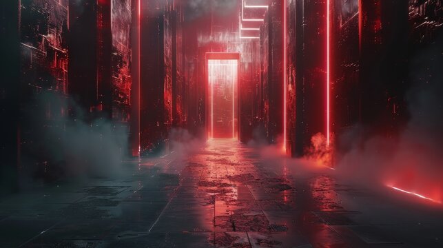 Dark with a few hints of red and mysterious but pleasing abstract visuals for hard techno music. Generative AI.