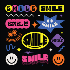 Colorful retro sticker set for smile day. Modern trendy badge, label, patch. Funky 90s abstract shapes with smile text for laptop backdrop. Sticker collection vector illustration. Vintage elements