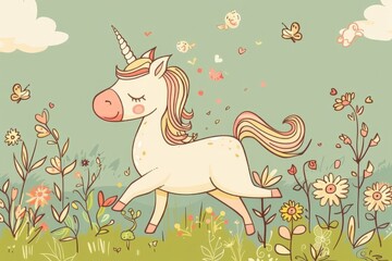 Cartoon cute doodles of a magical unicorn prancing through a meadow, Generative AI