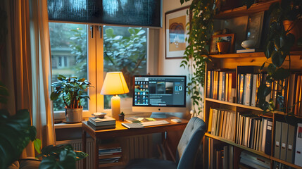 A cozy nook for a home office with a small desk, a comfortable chair, and a bookshelf. Soft lighting and a few decorative accents like plants or pictures create a pleasant work environment.