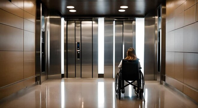 Person in a wheelchair in front of an elevator.