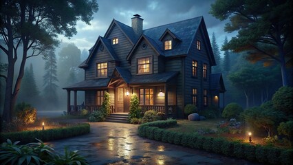 Two-story dark exterior house with front porch and large windows surrounded by trees and bushes, house, two-story, dark exterior, front porch, windows, trees, bushes, architecture, home