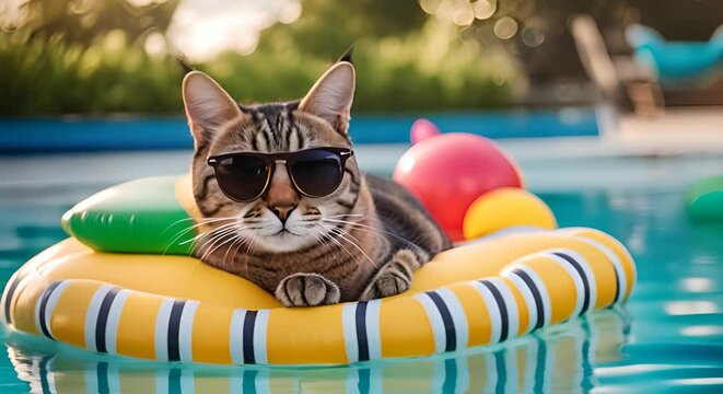 Cat with sunglasses on a float in the pool.