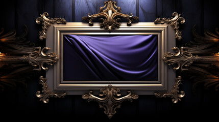 A gold frame with a purple cloth draped over it