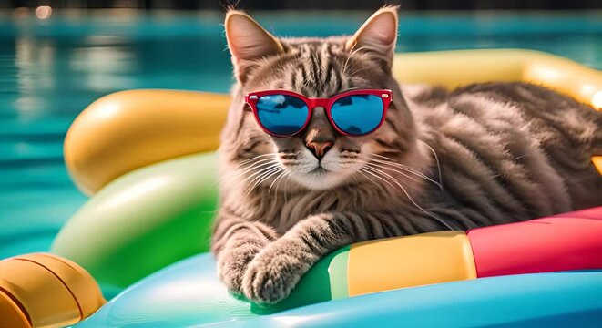 Cat with sunglasses on a float in the pool.