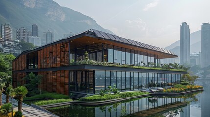 An eco-friendly school building with solar panels on the roof, Located near a mountain with tall building at the background. Generative AI.