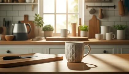Geometric mug on wooden counter with sunlight and kitchen utensils. Stylish ceramic mug with geometric design, bright kitchen setting.