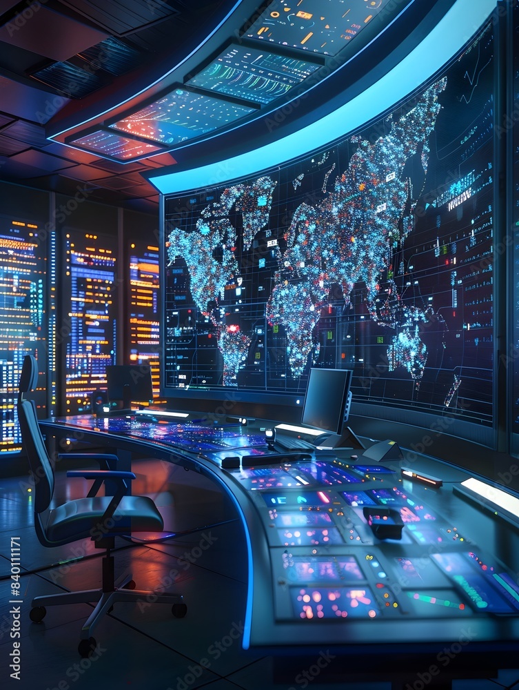 Poster futuristic smart city monitoring control center with cutting edge data analytics and visualization