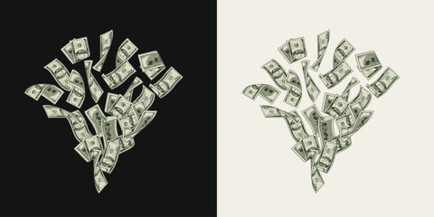 Money dollar composition like burst, firework with pile of flying apart 100 dollar notes, banknotes, bills. Composition, design element in vintage style.