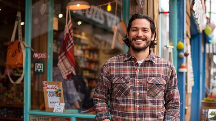 Obraz premium A small business owner proudly standing in front of their newly opened store, with a vibrant and welcoming storefront, showcasing the excitement and hard work that goes into starting and running a