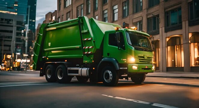 Green garbage collection truck in a city.