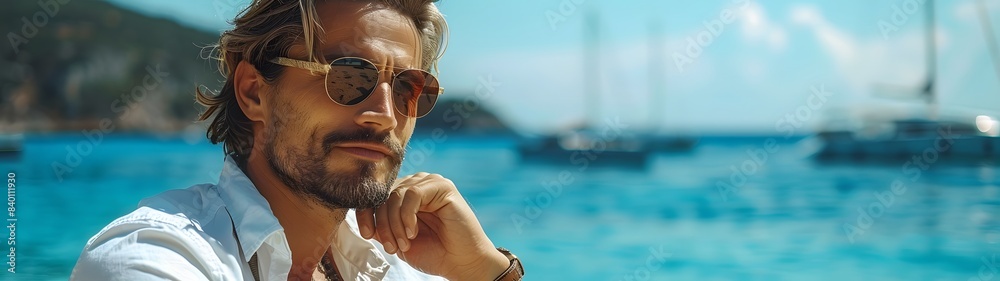 Wall mural young man with sunglasses thoughtful on the beach