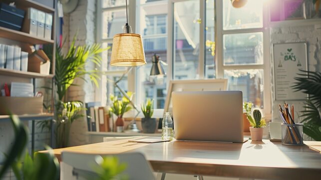 A business owner setting up a home office, with a laptop, office supplies, and personal touches on a desk, illustrating the convenience and cost-effectiveness of operating a business from home and