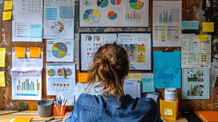 An entrepreneur planning for business growth, with a vision board, growth charts, and strategic goals displayed on a desk, illustrating the forward-thinking and strategic planning required to scale a