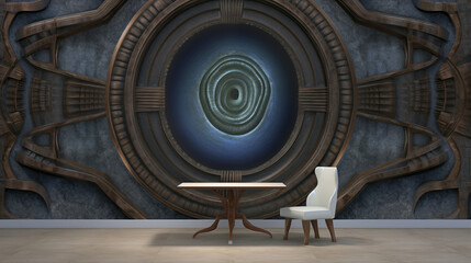 Obraz premium A room with a large circular window and a white chair