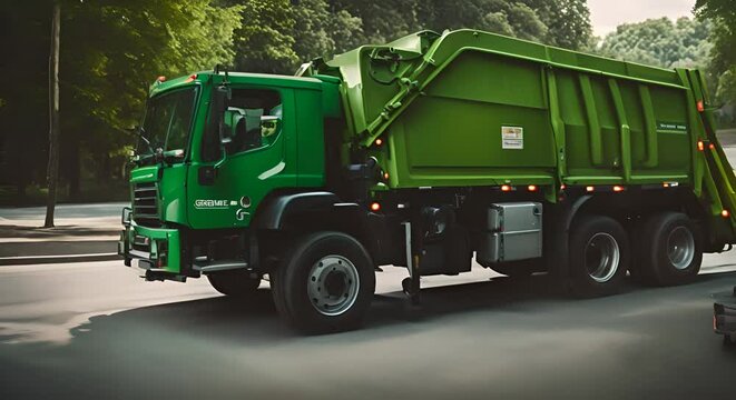 Green garbage collection truck in a city.