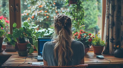 Modern Hybrid Work Model: Woman's Creative Workspace with Laptop and Indoor Plants