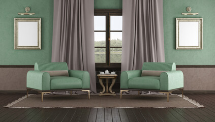 Elegant living room interior with nature view