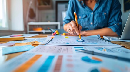 A business owner setting clear business goals with a detailed action plan, with goal-setting worksheets, a vision board, strategic plans, and a focused and determined atmosphere, illustrating the