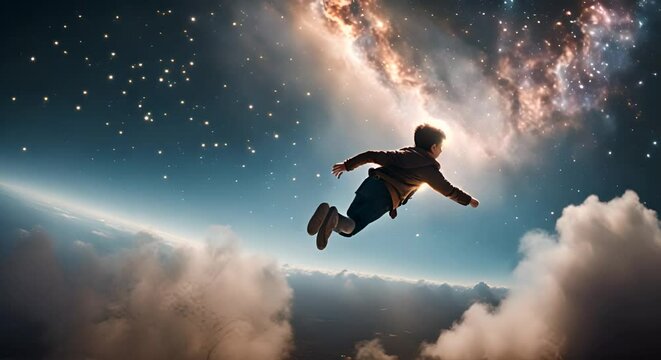 Boy flying in outer space.