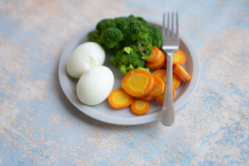 A breakfast diet plate without rice, featuring eggs, carrots, and broccoli, promoting a healthy and balanced meal