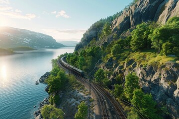 Bergen Railway view drone summer daytime. Train seen moving along train track next body water. Train motion, traveling alongside waterway. Trip european cities. Norway road by the river