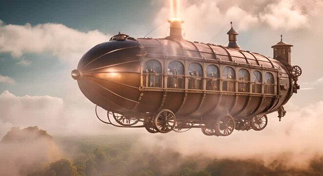Vintage zeppelin with cyberpunk style flying in the sky.