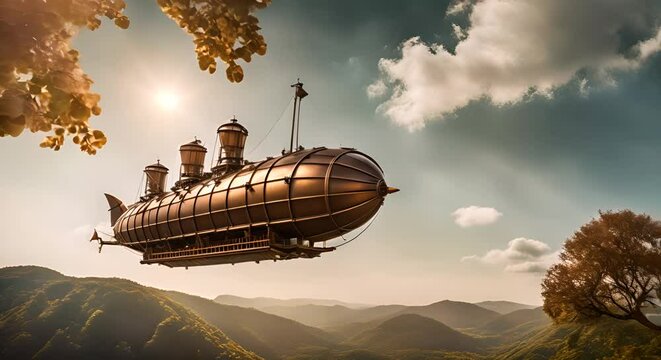 Vintage zeppelin with cyberpunk style flying in the sky.
