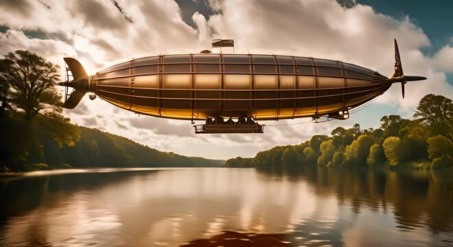 Vintage zeppelin with cyberpunk style flying in the sky.