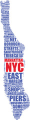 Manhattan map silhouette word cloud collage