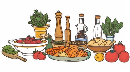 culinary traditions flat design side view cultural cartoon drawing Tetradic color scheme