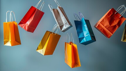 Colorful shopping bags falling on pink background,shopping online concept.