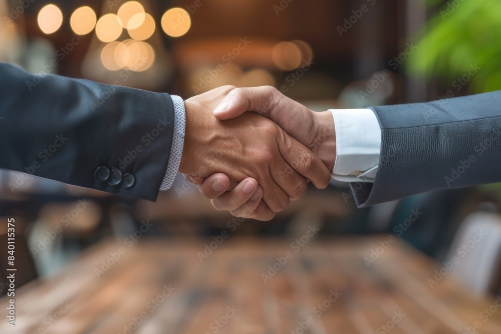 Wall mural two males handshake on wooden desk