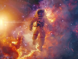Fototapeta premium Epic view of an astronaut or cosmonaut in spacesuit in space with stars, nebula and galaxy around him. Book cover or a poster design. Sci-fi and fantasy theme