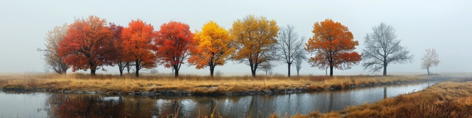 Fototapeta premium Colorful trees on island in river surrounded by plant life and landscape