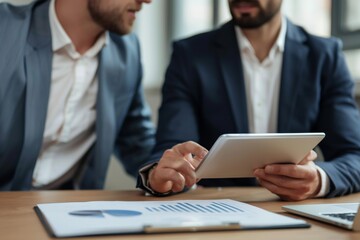 Fototapeta premium Two men in suits using tablet at table