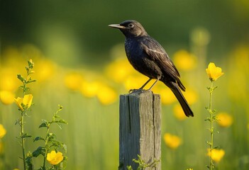 a black bird sitting on top of a wooden post