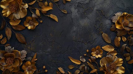 Golden voluminous flowers, stucco moldings on a dark plaster wall.