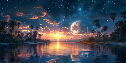 The sun sets over the water with palm trees in the foreground