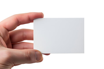 Fototapeta premium Business card mockup in man hand. Blank calling card template isolated on white background