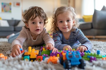 Fototapeta premium Two kids on floor with toy trains