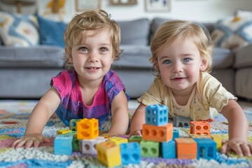 Fototapeta premium Two young girls lying floor play