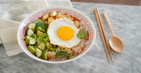 Korean egg rice with cucumber and tofu