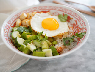 Korean egg rice with cucumber and tofu