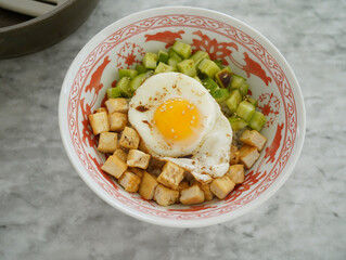 Korean egg rice with cucumber and tofu