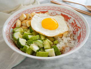 Korean egg rice with cucumber and tofu