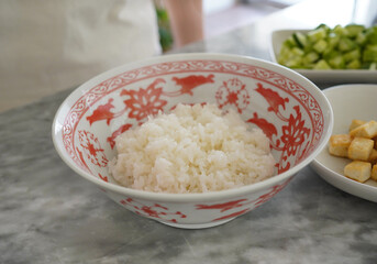 Korean egg rice with cucumber and tofu